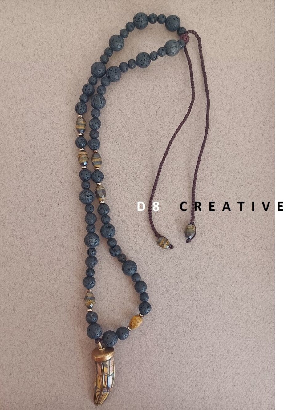 New men's black lava stone with agate and horns pendant hand woven necklace